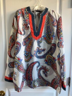 Charter Club Tunic Blouse Tropical Paisley  Blue Red Off White Print V-neck Sz L